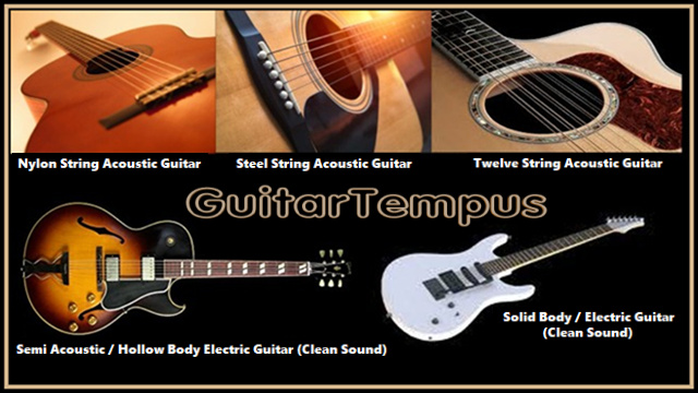 GuitarTempus Virtual Guitar VST: Acoustic, Semi Acoustic and Electric Guitars Plugin: 1.- Nylon String Acoustic Guitar: The classical guitar (also known as concert guitar, classical acoustic, nylon-string guitar, or Spanish guitar) is the member of the guitar family used in classical music. 2.- Steel String Acoustic Guitar: The steel-string acoustic guitar is a modern form of guitar that descends from the nylon-strung classical guitar, but is strung with steel strings for a brighter, louder sound. Like the classical guitar, it is often referred to simply as an acoustic guitar. 3.- Twelve String Acoustic Guitar: The twelve-string guitar is a steel-string guitar with twelve strings in six courses, which produces a richer, more ringing tone than a standard six-string guitar. Typically, the strings of the lower four courses are tuned in octaves, with those of the upper two courses tuned in unisons.  4.- Semi Acoustic (Hollow Body) Electric Guitar: A semi-acoustic guitar or hollow-body electric is a type of electric guitar that originates from the 1930s. It has both a sound box and one or more electric pickups. This is not the same as an acoustic-electric guitar, which is an acoustic guitar with the addition of pickups or other means of amplification, added by either the manufacturer or the player. 5.- Electric Guitar: An electric guitar is a fretted stringed instrument with a neck and body that uses a pickup to convert the vibration of its strings into electrical signals. The vibration occurs when a guitarist strums, plucks, fingerpicks, or taps the strings. It is sensed by a pickup, most commonly by a magnetic pickup that uses the principle of direct electromagnetic induction. The signal generated by an electric guitar is too weak to drive a loudspeaker, so it is plugged into a guitar amplifier before being sent to a loudspeaker, which makes a sound loud enough to hear.