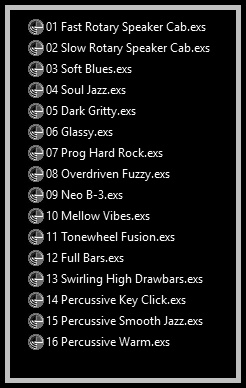 Master Hammond B3 Organ has been formatted to Emagic EXS-24 instruments called .EXS files (in the case that you use Emagic's virtual sampler provided by Logic) or .NKI files (in the case that you uses the Native Instruments Kontakt player). They're adapted versions and formatted for Mac users only, and contains the main source sounds of Master Hammond B3 v2.1.1 meticulously tuned and adjusted.