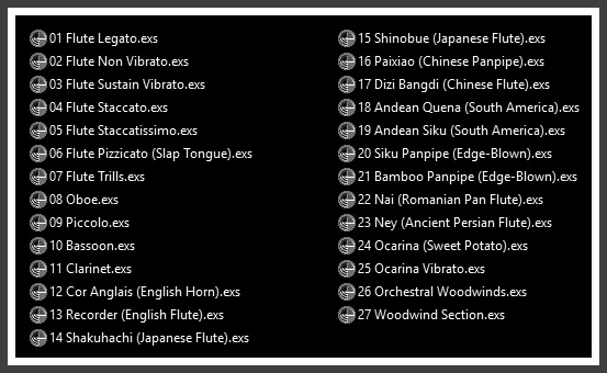 DAL Flute has been formatted to Emagic EXS-24 instruments called .EXS files (in the case that you use Emagic's virtual sampler provided by Logic) or .NKI files (in the case that you uses the Native Instruments Kontakt player). They're adapted versions and formatted for Mac users only, and contains the main source sounds of Master Hammond B3 v2.1.1 meticulously tuned and adjusted. Virtual Flute, Shakuhachi (Japanese Flute), Recorder (English Flute), Ocarina (Vessel Flute), Bamboo Pan Flute, Andean Quena (Kena Flute) and Siku (Andean Panpipe Flute)